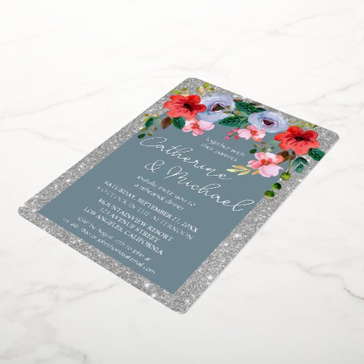 Dusty Blue Silver Glitter Waterverf Floral Arch Folie Uitnodiging (Gedraaid)