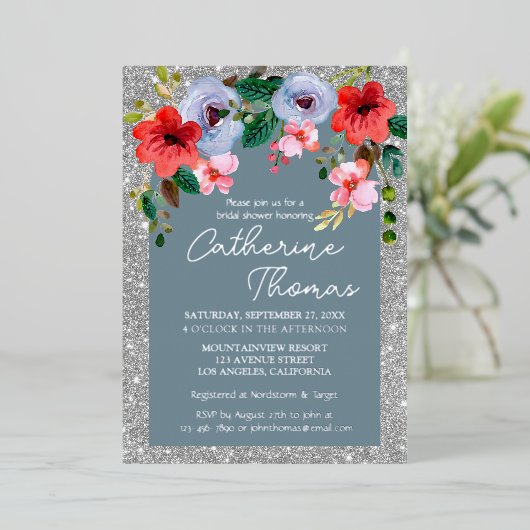 Dusty Blue Silver Glitter Waterverf Floral Arch Folie Uitnodiging (Staand Voorkant)