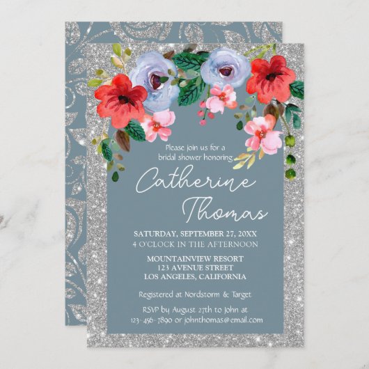 Dusty Blue Silver Glitter Waterverf Floral Arch Kaart (Voorkant / Achterkant)