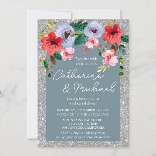 Dusty Blue Silver Glitter Waterverf Floral Arch Kaart (Voorkant)