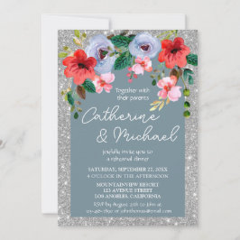 Dusty Blue Silver Glitter Waterverf Floral Arch Kaart