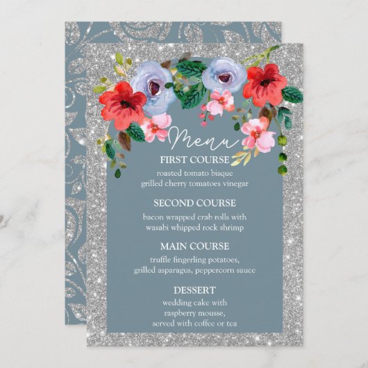 Dusty Blue Silver Glitter Waterverf Floral Arch Menu (Voorkant / Achterkant)