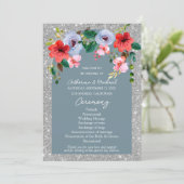 Dusty Blue Silver Glitter Waterverf Floral Arch Programmakaart (Staand voorkant)