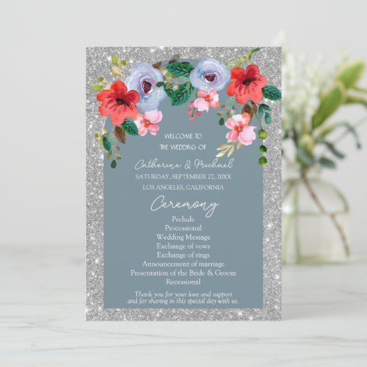 Dusty Blue Silver Glitter Waterverf Floral Arch Programmakaart (Staand voorkant)