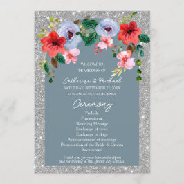 Dusty Blue Silver Glitter Waterverf Floral Arch Programmakaart