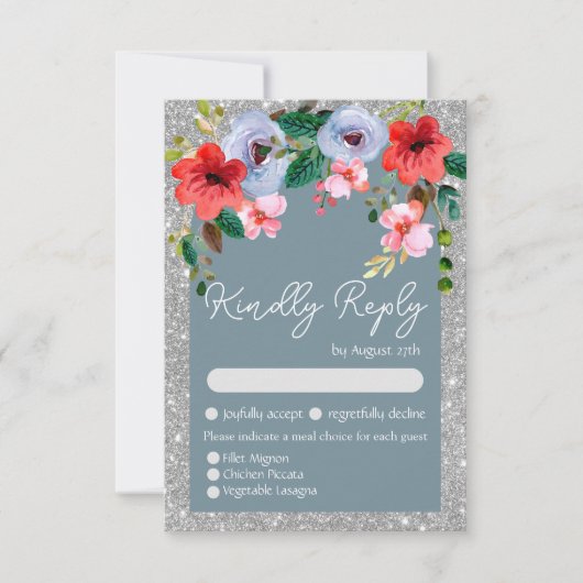 Dusty Blue Silver Glitter Waterverf Floral Arch RSVP Kaartje (Voorkant)