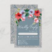 Dusty Blue Silver Glitter Waterverf Floral Arch RSVP Kaartje (Voorkant / Achterkant)