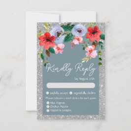 Dusty Blue Silver Glitter Waterverf Floral Arch RSVP Kaartje