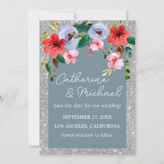 Dusty Blue Silver Glitter Waterverf Floral Arch Save The Date (Voorkant)