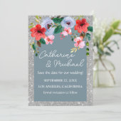 Dusty Blue Silver Glitter Waterverf Floral Arch Save The Date (Staand voorkant)