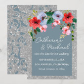 Dusty Blue Silver Glitter Waterverf Floral Arch Save The Date (Voorkant / Achterkant)