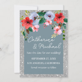 Dusty Blue Silver Glitter Waterverf Floral Arch Save The Date