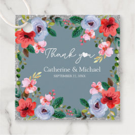 Dusty Blue Silver Glitter Waterverf Floral Bedankjes Labels