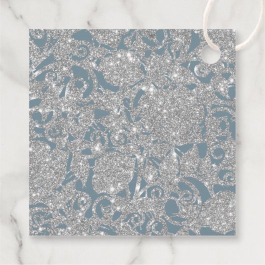 Dusty Blue Silver Glitter Waterverf Floral Bedankjes Labels (Achterkant)