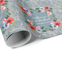 Dusty Blue Silver Glitter Waterverf Floral Cadeaupapier