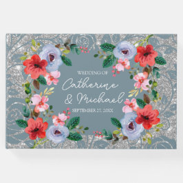 Dusty Blue Silver Glitter Waterverf Floral Gastenboek