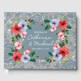 Dusty Blue Silver Glitter Waterverf Floral Gastenboek