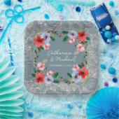 Dusty Blue Silver Glitter Waterverf Floral Papieren Bordje (Feest)