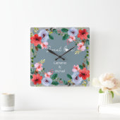 Dusty Blue Silver Glitter Waterverf Floral Vierkante Klok (Huis)