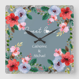 Dusty Blue Silver Glitter Waterverf Floral Vierkante Klok