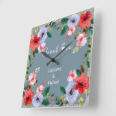 Dusty Blue Silver Glitter Waterverf Floral Vierkante Klok (Hoek)