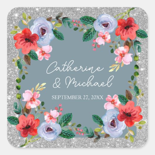 Dusty Blue Silver Glitter Waterverf Floral Vierkante Sticker (Voorkant)