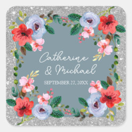 Dusty Blue Silver Glitter Waterverf Floral Vierkante Sticker