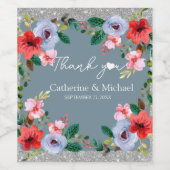 Dusty Blue Silver Glitter Waterverf Floral Wijn Etiket (Enkel label)