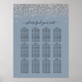 Dusty Blue & Silver Glitter Wedding Seding Chart Poster (Voorkant)