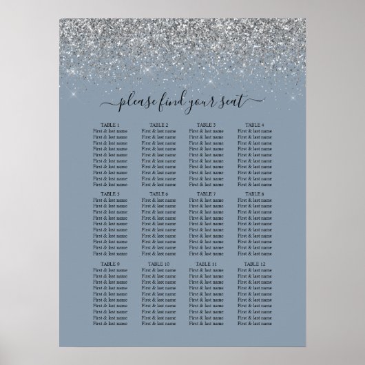 Dusty Blue & Silver Glitter Wedding Seding Chart Poster (Voorkant)