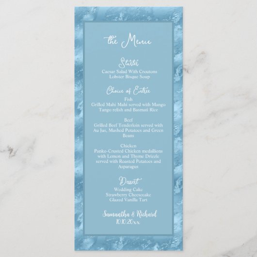 Dusty Blue Silver Marble Glitter 4x9 Wedding Menu (Voorkant)