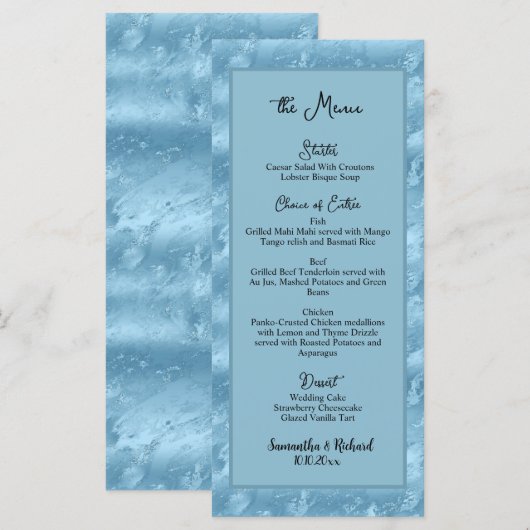 Dusty Blue Silver Marble Glitter 4x9 Wedding Menu (Voorkant / Achterkant)