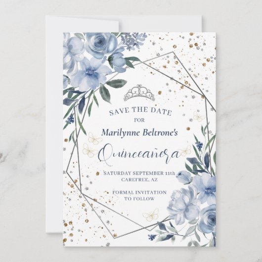 Dusty Blue Silver Quinceañera Save The Date (Voorkant)