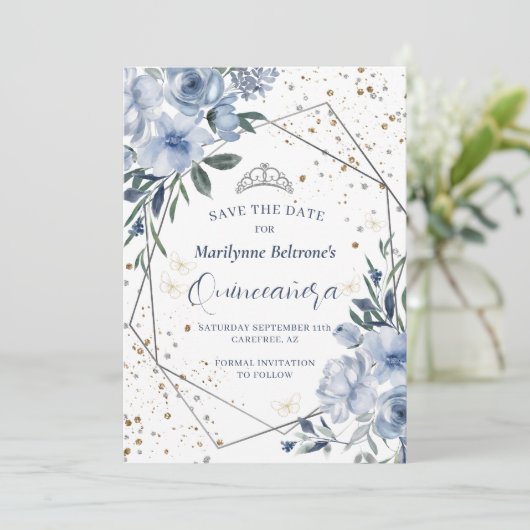 Dusty Blue Silver Quinceañera Save The Date (Staand voorkant)