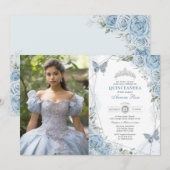Dusty Blue Silver Quinceañera vlinder foto Kaart (Voorkant / Achterkant)