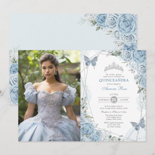 Dusty Blue Silver Quinceañera vlinder foto Kaart (Voorkant / Achterkant)