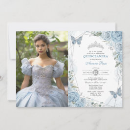 Dusty Blue Silver Quinceañera vlinder foto Kaart