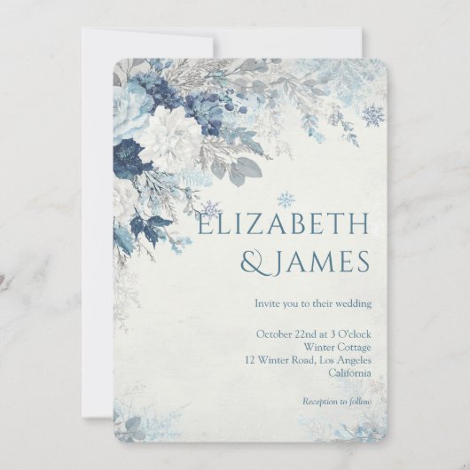 Dusty Blue Silver Rose Winter Floral Wedding Kaart (Voorkant)