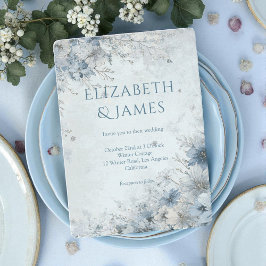 Dusty Blue Silver Rose Winter Floral Wedding Kaart