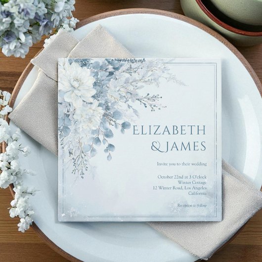 Dusty Blue Silver Rose Winter Floral Wedding Kaart
