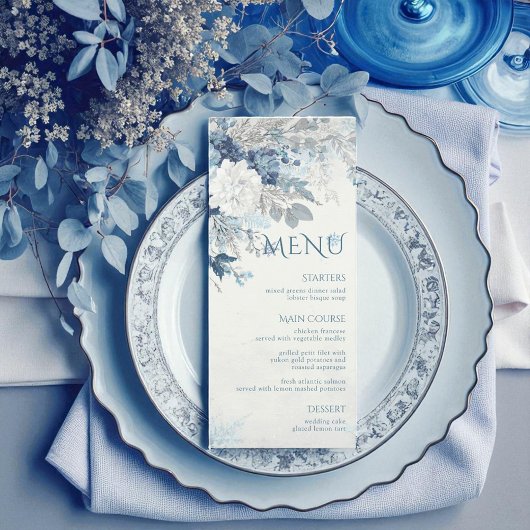 Dusty Blue Silver Rose Winter Floral Wedding Menu