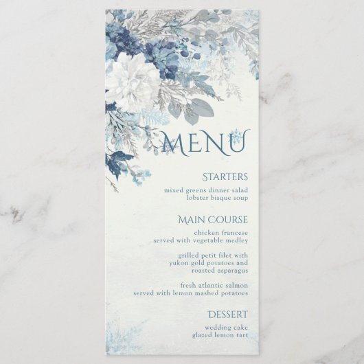 Dusty Blue Silver Rose Winter Floral Wedding Menu (Voorkant)