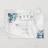 Dusty Blue Silver Rozen bruiloft RSVP Kaarten (Voorkant / Achterkant)