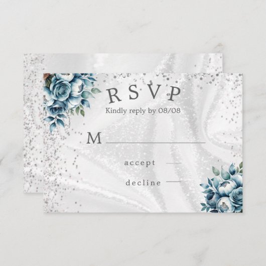 Dusty Blue Silver Rozen bruiloft RSVP Kaarten (Voorkant / Achterkant)