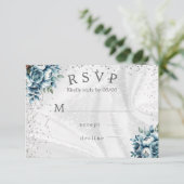 Dusty Blue Silver Rozen bruiloft RSVP Kaarten Kaartje (Staand voorkant)