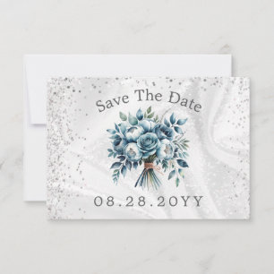 Dusty Blue Silver Rozen Save the Date Kaart