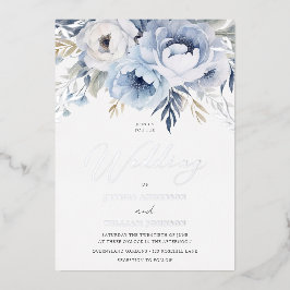 Dusty Blue & Silver Sparkle Bloemen Huwelijk Folie Uitnodiging