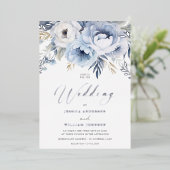 Dusty Blue & Silver Sparkle Bloemen Huwelijk Folie Uitnodiging (Staand Voorkant)