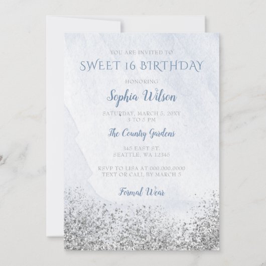 Dusty Blue Silver Sparkle Dress Sweet 16-jarig Kaart (Achterkant)