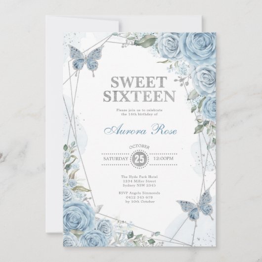 Dusty Blue Silver Sweet 16 Vlinder Verjaardag Kaart (Voorkant)